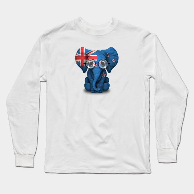 Baby Elephant with Glasses and New Zealand Flag Long Sleeve T-Shirt by jeffbartels